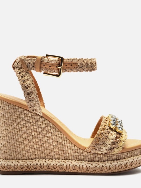 Arezzo Shoes - Natural Raffia Wedge Sandal with Embellished Toe Strap